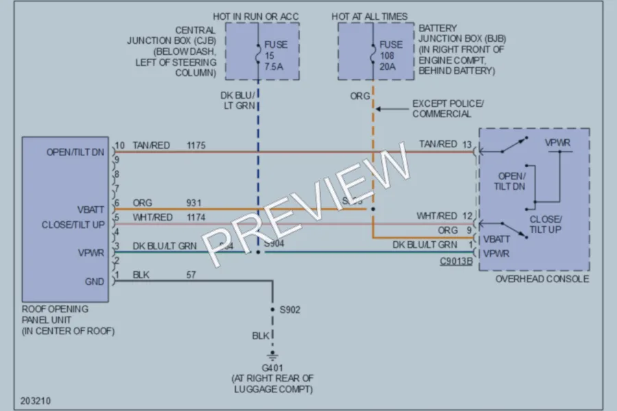 2005 Ford CrownVictoria Power Top Sunroof wiring diagram preview