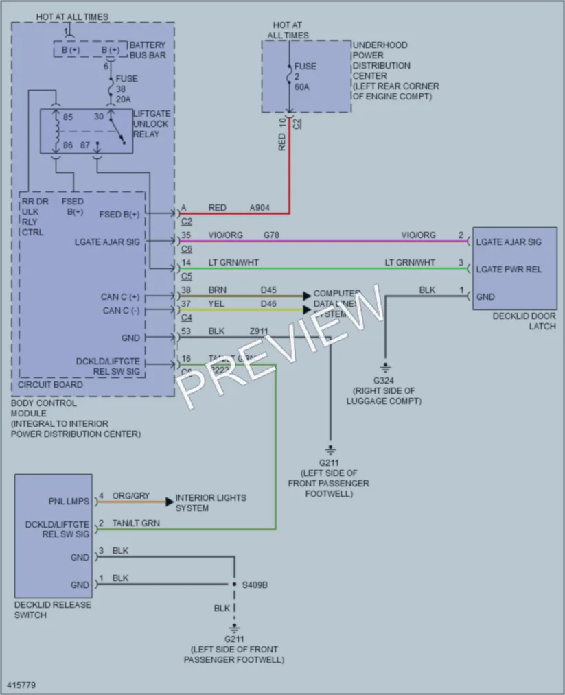 2013 Dodge Dart Trunk Tailgate Fuel Door wiring diagram preview