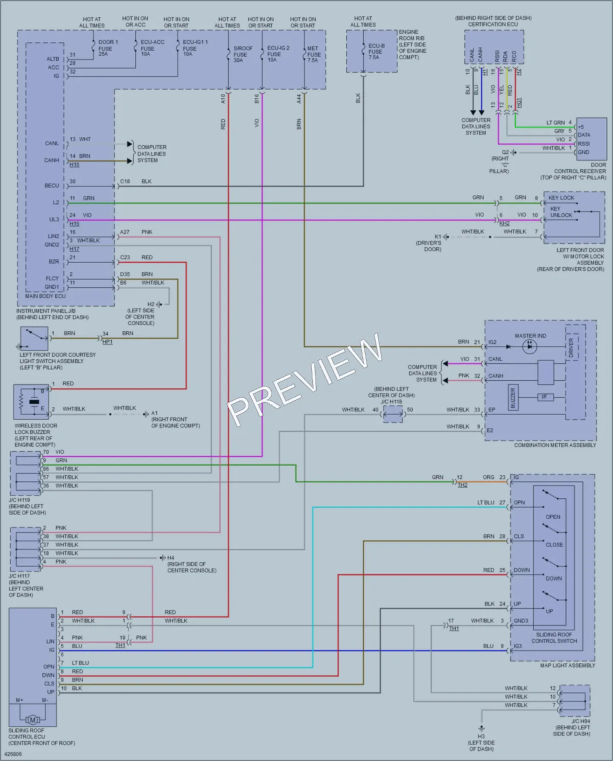 2014 Lexus CT200h Power Top Sunroof wiring diagram preview
