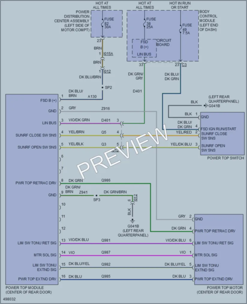 2016 Fiat 500e Power Top Sunroof wiring diagram preview