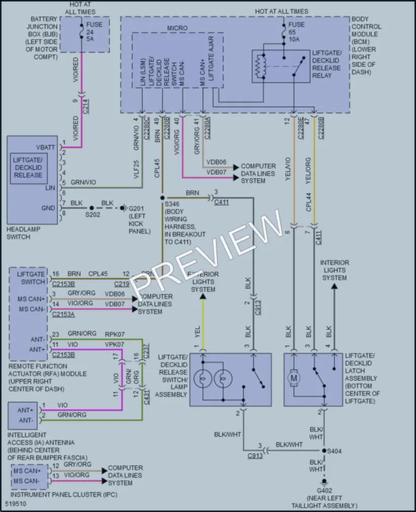 2017 Ford FocusElectric Trunk Tailgate Fuel Door wiring diagram preview