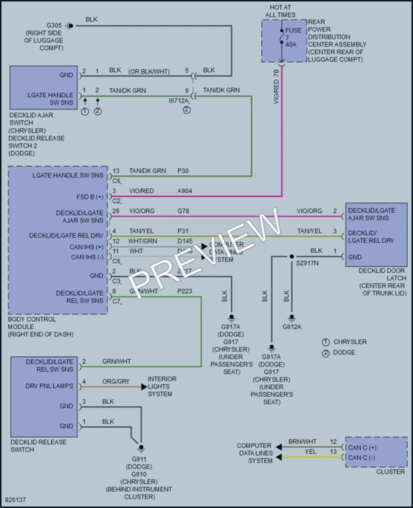 2023 Chrysler 300 Trunk Tailgate Fuel Door wiring diagram preview