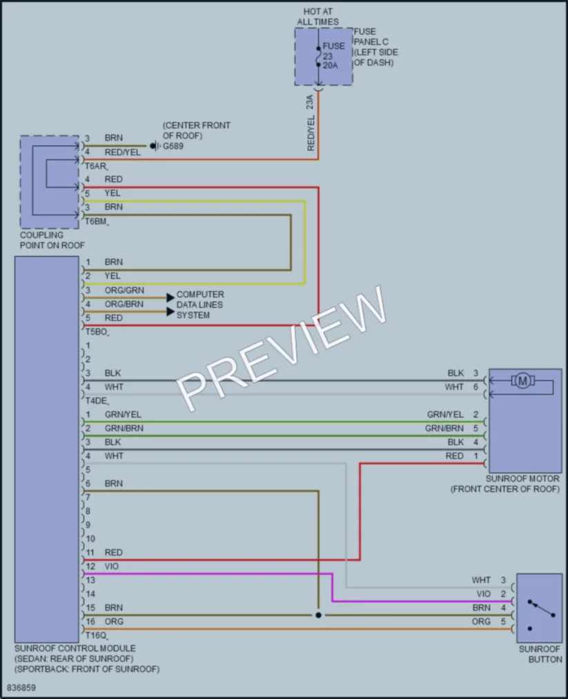 2023 Volkswagen Arteon Power Top Sunroof wiring diagram preview