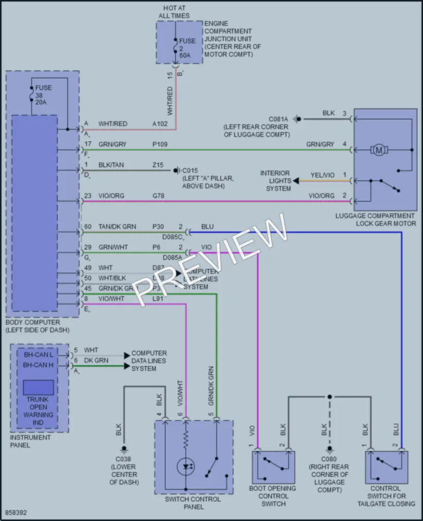2024 Fiat 500e Trunk Tailgate Fuel Door wiring diagram preview